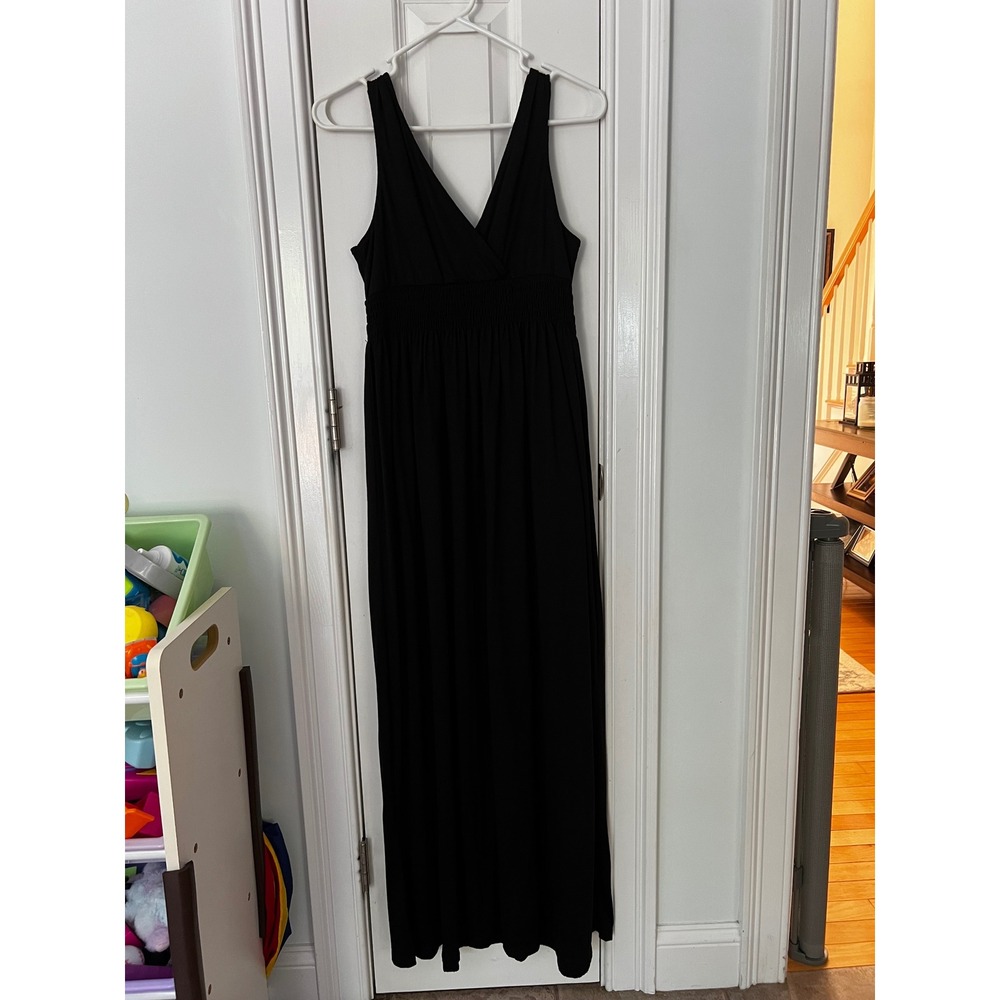 Freestyle Womens Black Sleeveless V-Neck Smocked Waist Maxi Dress Large